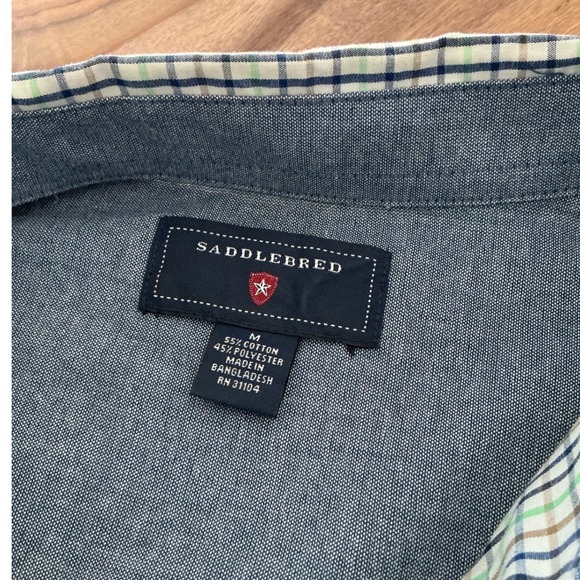 Saddlebred Mens Medium Long Sleeve Tattersall Check Button Down Shirt Blue Green - Picture 4 of 10